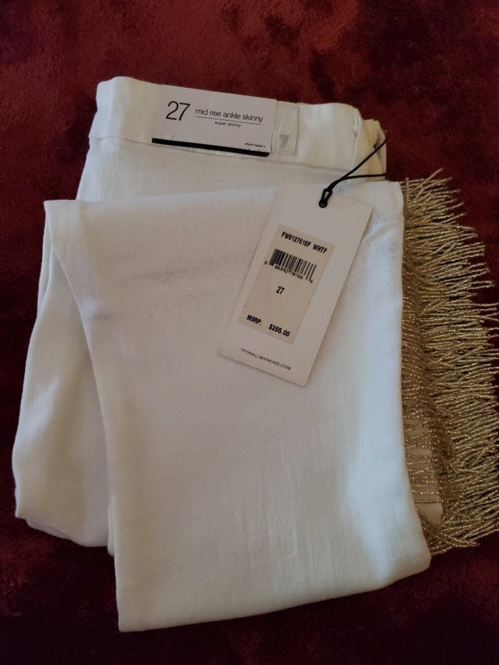 7 for All Mankind White Jeans w/ Silver Beaded Fringe  Size 27 NWT
